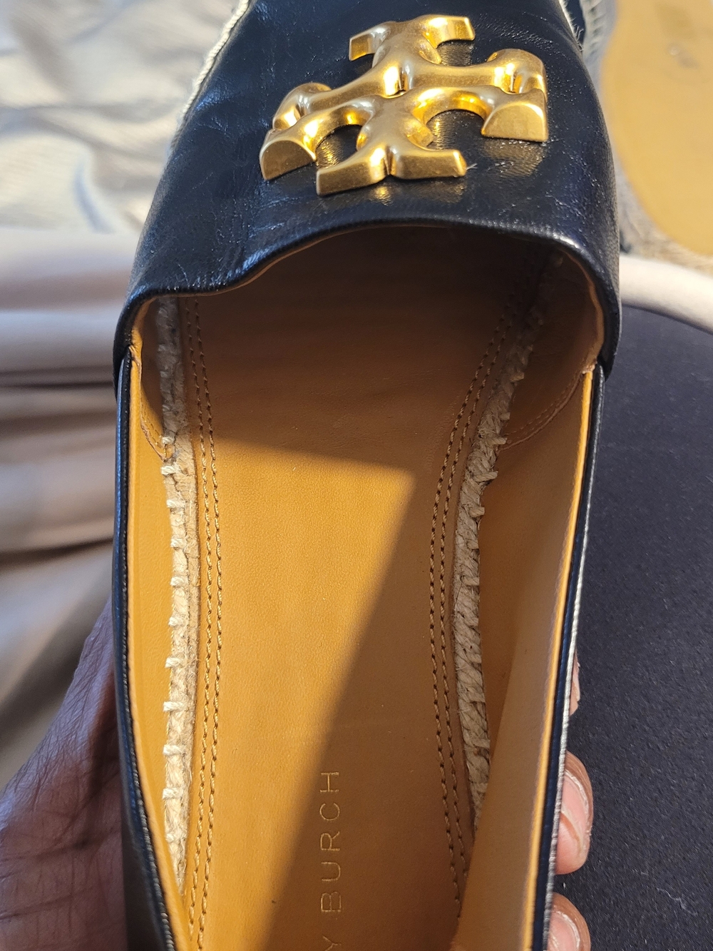 Tory Burch Black Leather Espadrille Flats with Gold Logo - Picture 3 of 13